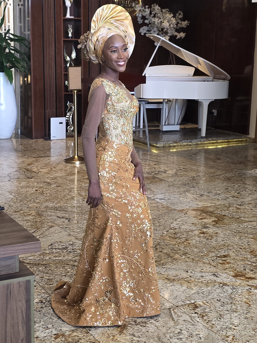 Nigerian Gown💚 Gold Embellished Evening Gown with Sheer Sleeves